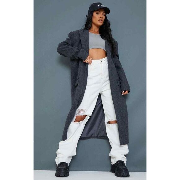 Pretty Little‎ Thing Trench Coat Long NWTSz L Grey Wool Oversized - Picture 1 of 4